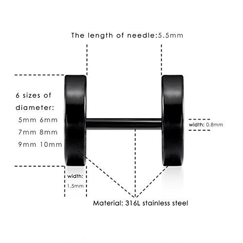 LIEBLICH Black Stud Earrings Men Women Faux Gauges Ear Tunnel Stainless Steel Earrings 6 Pairs 5mm-10mm - Image 4