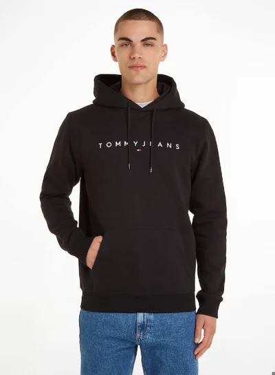 TOMMY JEANS Men's Regular Fit Linear Logo Pullover Hoody - Cotton/ Polyester, Black