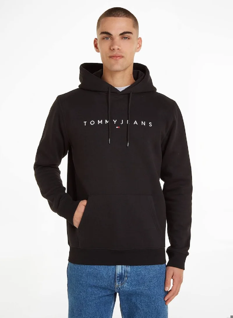 TOMMY JEANS Men's Regular Fit Linear Logo Pullover Hoody - Cotton/ Polyester, Black