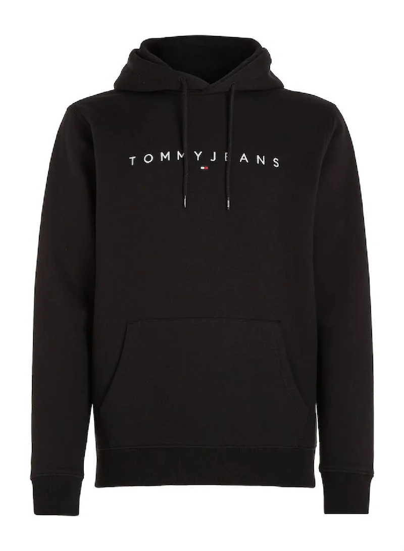 TOMMY JEANS Men's Regular Fit Linear Logo Pullover Hoody - Cotton/ Polyester, Black