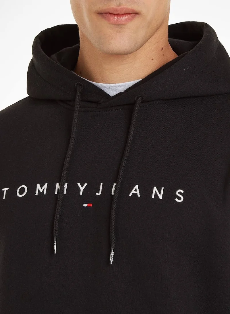 TOMMY JEANS Men's Regular Fit Linear Logo Pullover Hoody - Cotton/ Polyester, Black