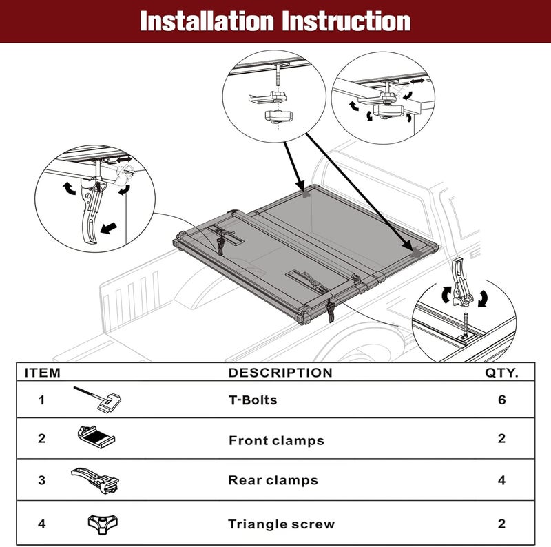 Kikito Universal Replacement Parts for Hard Tri-Fold Tonneau Cover - 6 T-Bolts, Rear Clamp, Front Clamp - Image 2