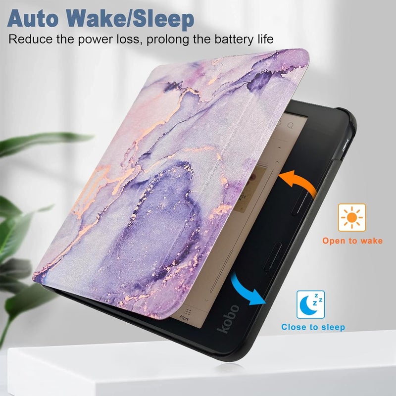 غلاف Caweet لجهاز Kobo Libra Colour (الطراز N428، إصدار 2024)، غلاف خارجي من الجلد الصناعي فائق الخفة مع خاصية التشغيل/الإيقاف التلقائي، رخامي أرجواني - Image 3