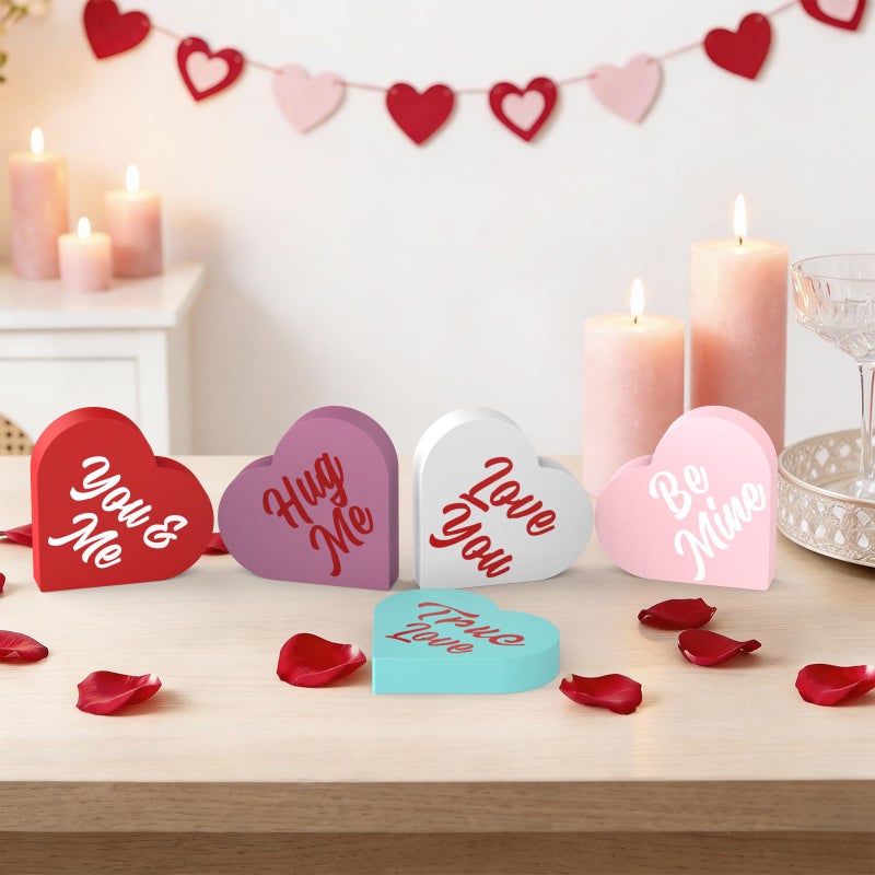 OLANRUN Valentines Day Decorations, 5 PCS Double Printed Wooden Conversation Hearts Decoration, Romantic Valentines Day Decor for Indoor Home Office Table Tiered Tray Mantel Shelf Bedroom - Image 4