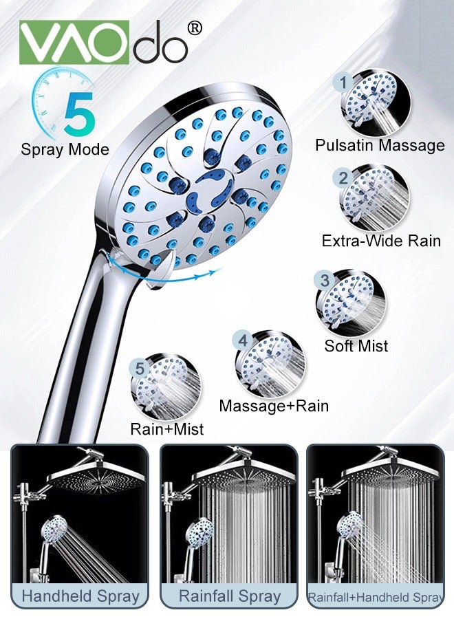 VAOdo 12 Inch High Pressure Rain Shower Head Shower Heads with 5 Modes Handheld Spray Combo Wide RainFall shower with 70" Hose & Bracket Adjustable Dual Showerhead with Anti-Clog Nozzles Chrome - Image 2