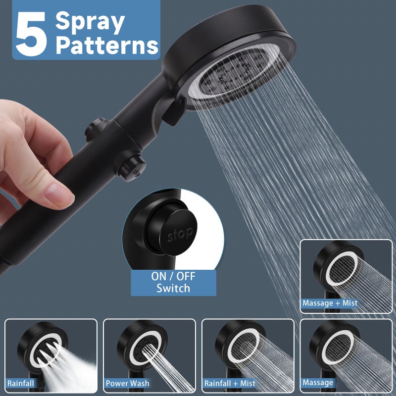 XFIRE-GEAR RV Shower Head with Hose, 5+1 Mode High Pressure Replacement with On/Off Switch, Water Saving Motorhome Shower Head for RV/Campervan, Caravan(Black) - Image 2