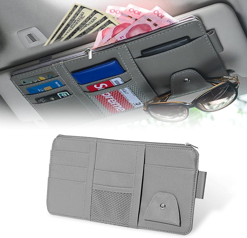 SARTE Sun Visor Organizer - Multi-Function Space With Multi-Pocket Net Zipper Storage and Sunglass Holder - PU Leather for Car (Grey) - Image 1