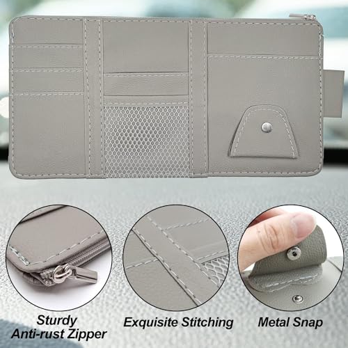 SARTE Sun Visor Organizer - Multi-Function Space With Multi-Pocket Net Zipper Storage and Sunglass Holder - PU Leather for Car (Grey) - Image 2