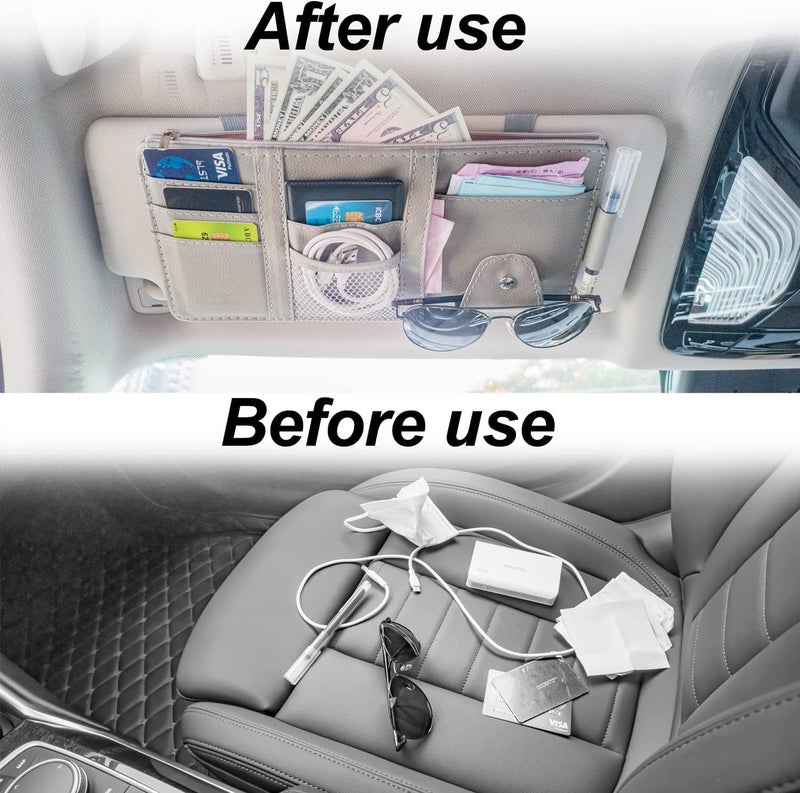 SARTE Sun Visor Organizer - Multi-Function Space With Multi-Pocket Net Zipper Storage and Sunglass Holder - PU Leather for Car (Grey) - Image 5