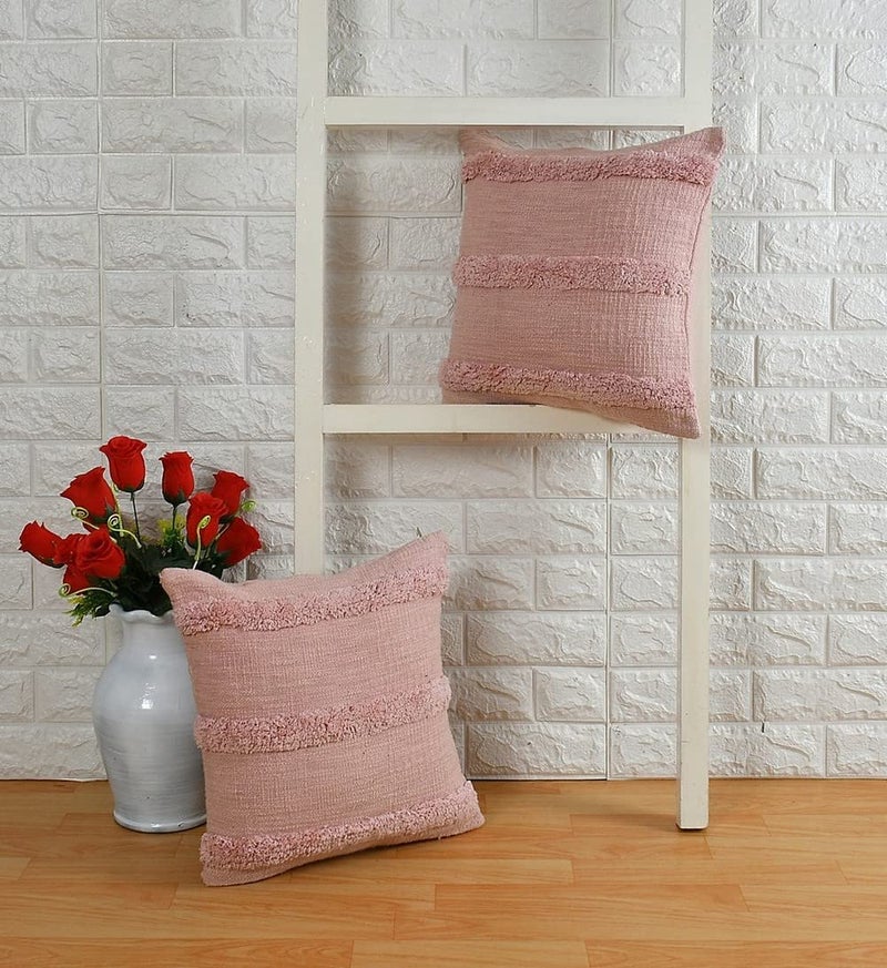 pepme Cotton Tufted Parallel Lines Cushion Cover 16x16 Pink  - Image 1