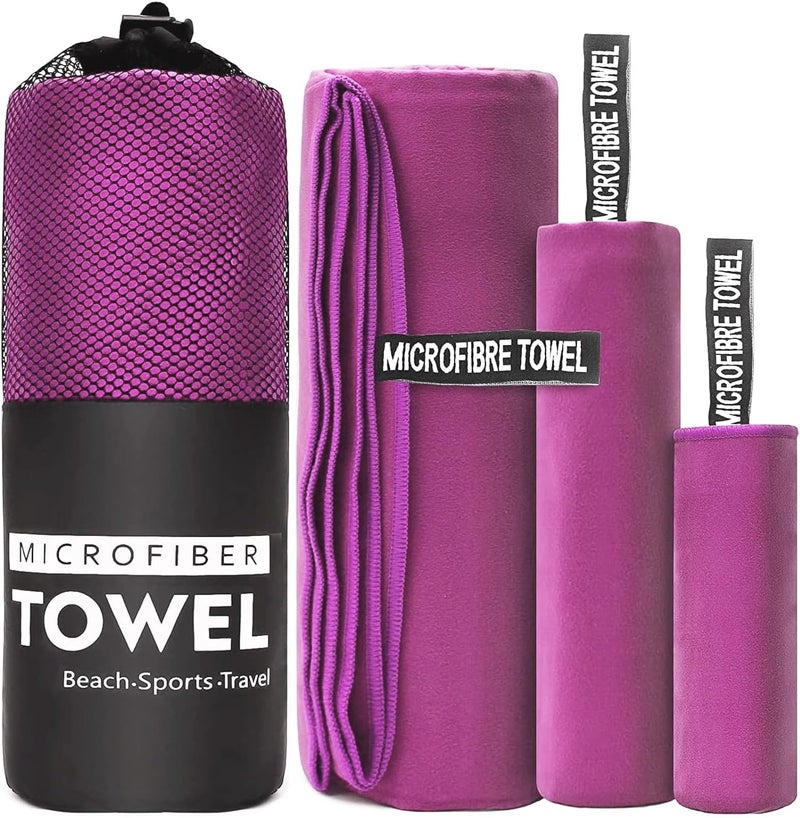 sheful Quick Dry Towel - 3 Size Pack of Lightweight Microfiber Travel Towels w/Bag, 30x30cm, 40x60cm, 60x122cm- Fast Drying Towel Set for Camping, Beach, Gym, Backpacking, Sports, Yoga & Swim Use - Purple Trendy varied sizing alternatives - Image 1
