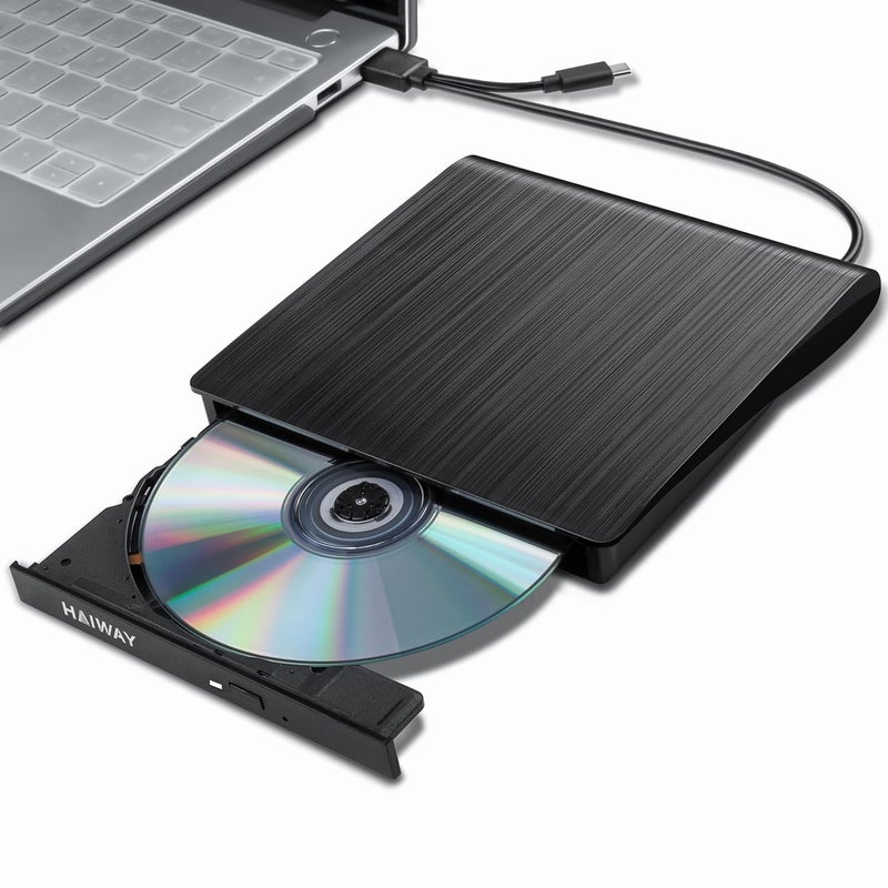 Haiway External DVD Drive, USB 3.0 Type-C CD Burner Portable CD DVD +/-RW Optical Drive Slim CD DVD ROM Rewriter CD/DVD Player Writer Reader for Laptop Desktop MacBook PC Windows Linux Mac OS (Black) - Image 1