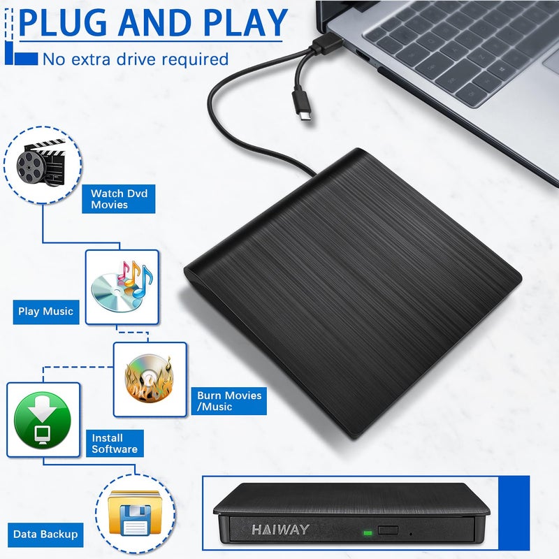 Haiway External DVD Drive, USB 3.0 Type-C CD Burner Portable CD DVD +/-RW Optical Drive Slim CD DVD ROM Rewriter CD/DVD Player Writer Reader for Laptop Desktop MacBook PC Windows Linux Mac OS (Black) - Image 3