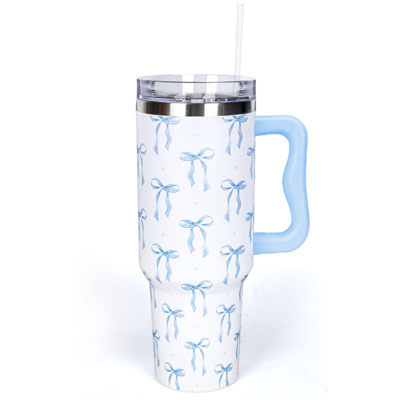 Whaline 40 Oz Blue Bow Tumbler with Handle Straw and Lid BowKnot Travel Coffee Tumbler Cup for Women Friend Holiday Birthday - Image 2