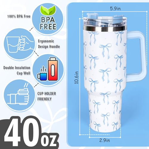 Whaline 40 Oz Blue Bow Tumbler with Handle Straw and Lid BowKnot Travel Coffee Tumbler Cup for Women Friend Holiday Birthday - Image 3