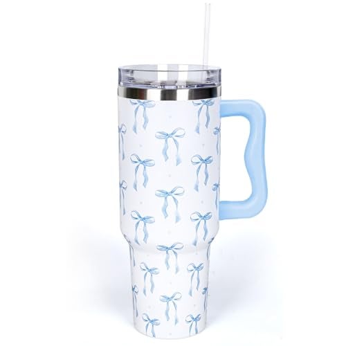 Whaline 40 Oz Blue Bow Tumbler with Handle Straw and Lid BowKnot Travel Coffee Tumbler Cup for Women Friend Holiday Birthday - Image 1