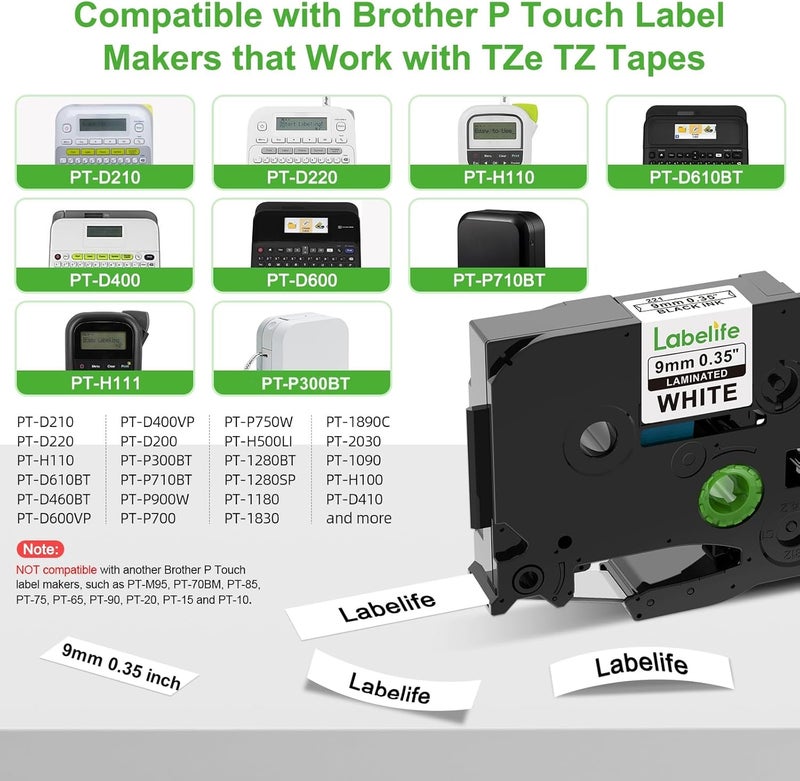 Labelife Compatible Label Tape Replacement for TZe Tape Laminated Label Maker Tape Compatible with P Touch Label Tape PTD600 PT-D210, 9mm 0.35 Inch 26.2 Feet, Black on White, 4-Pack, (TZe-221 TZe221) - Image 2