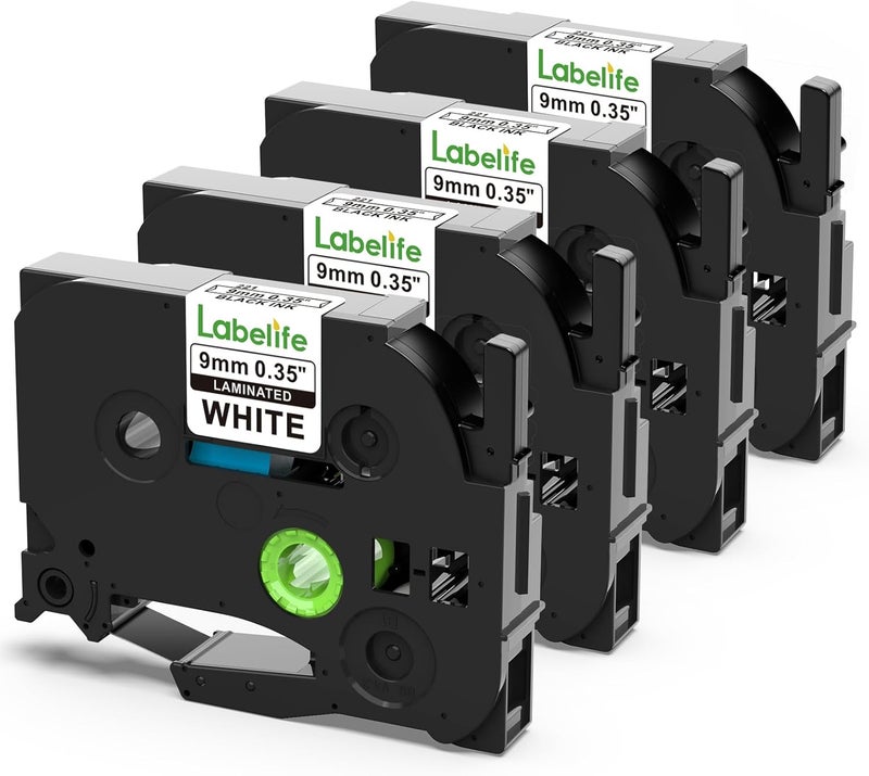 Labelife Compatible Label Tape Replacement for TZe Tape Laminated Label Maker Tape Compatible with P Touch Label Tape PTD600 PT-D210, 9mm 0.35 Inch 26.2 Feet, Black on White, 4-Pack, (TZe-221 TZe221) - Image 1