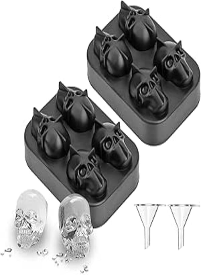 QAAQS 3D Skull Ice Cube Mold 4 in 1, Flexible Silicone Ice Cubes Maker Tray for Halloween and Christmas Party, Best for Whiskey and Cocktails, Reusable and Easy Release (Pack of 2)