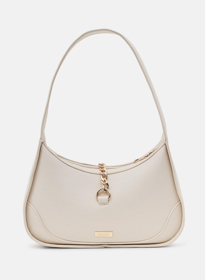 Kazo Women’s Shoulder Bag | Faux Leather Handbag with Chain Lock | Off White - Image 4
