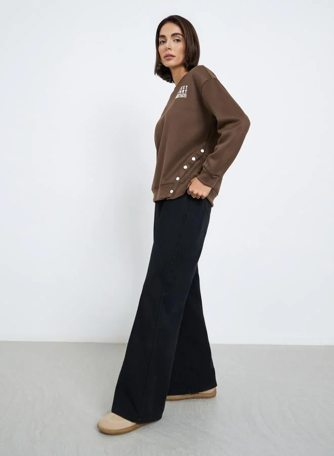 Styli Brown Slogan Print Relaxed Fit Sweatshirt