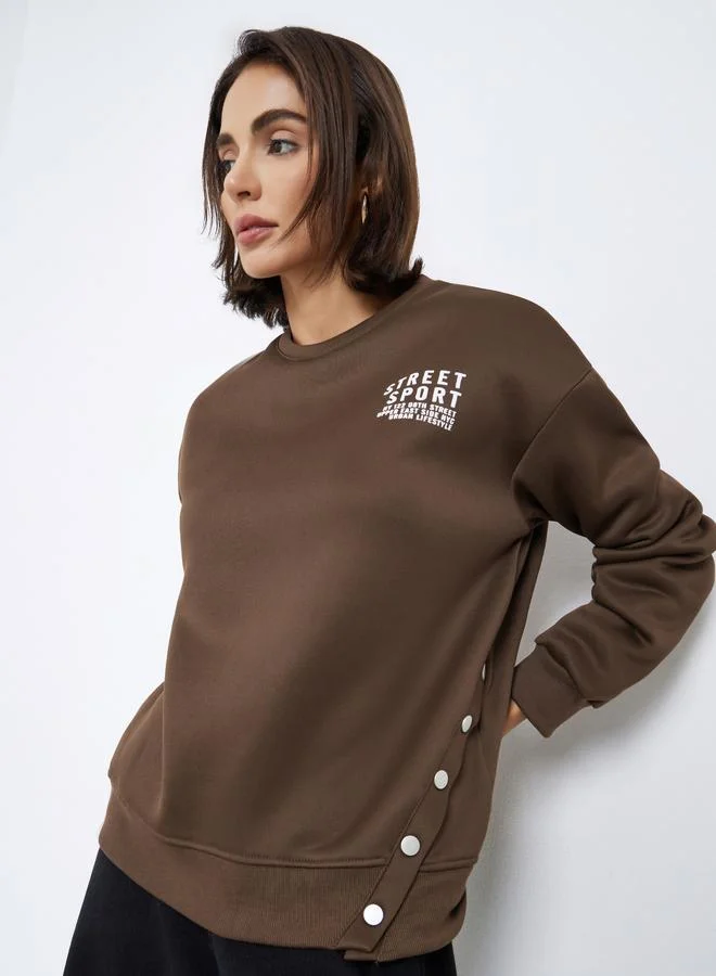 Styli Brown Slogan Print Relaxed Fit Sweatshirt