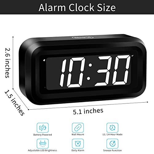 KWANWA Kids Alarm Clock, White LED, Battery, Auto-Night Mode, 12Hr/24Hr, Small, Travel, Bedside, Wall-Mount/Table-top, Easy to Read - Image 2