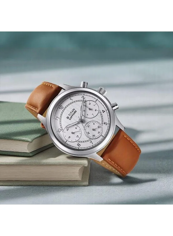 تيتان Sapphire Quartz Multifunction White Dial Brown Leather Strap Watch for Men - 1874SL05
