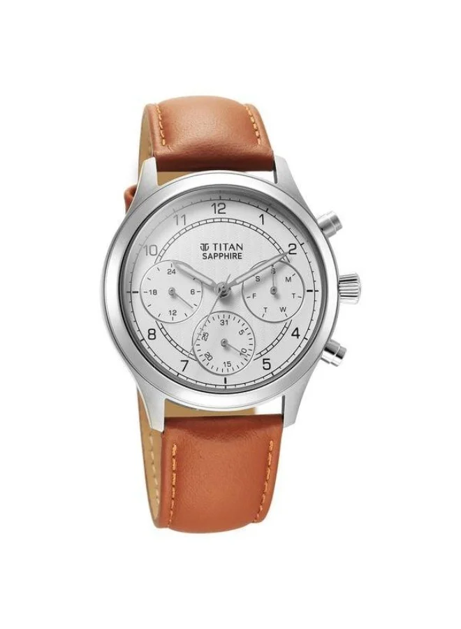 تيتان Sapphire Quartz Multifunction White Dial Brown Leather Strap Watch for Men - 1874SL05