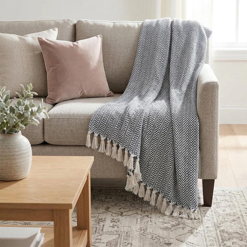 Americanflat 100% Cotton Throw Blanket for Couch - 50x60 in - All Seasons Neutral Lightweight Cozy Soft Blankets & Throws for Bed, Sofa or Chair. Indoor or Outdoor Use [Navy White Herringbone] - Image 4