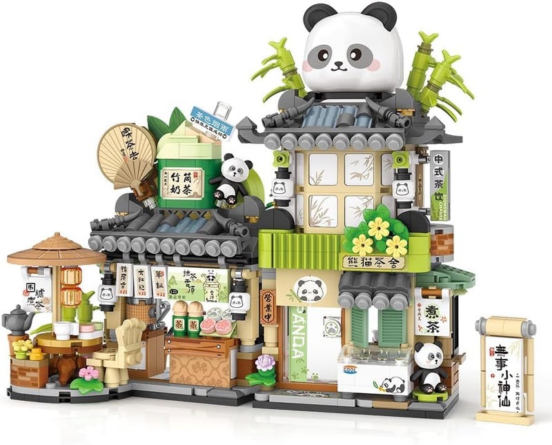 Building Blocks Toys, 860Pcs Chinese Street View Panda Teahouse Mini Construction Set, Creative DIY Simulation Architecture, Gift Idea for Kids & Adults - Image 1