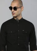 The Indian Garage Co Men Slim Fit Solid Full Sleeves Mandarin Collar Double Flap Pocket Casual Shirt