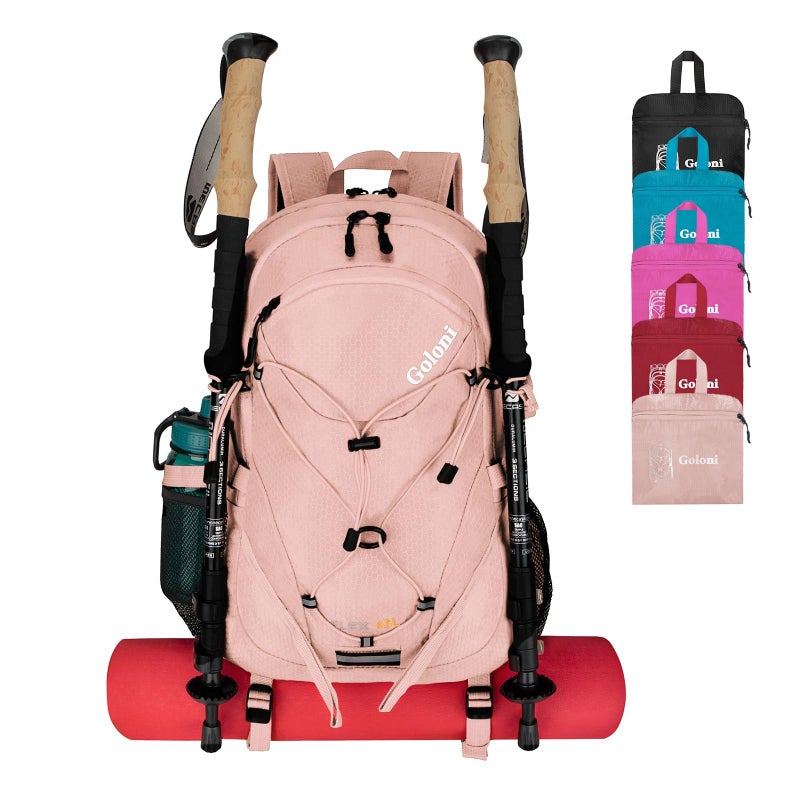 Goloni 45L Hiking Backpack Lightweight Foldable, Waterproof Camping Backpack with Rain Cover & Hiking Pole Mat Carrying System, Ergonomic Water Resistant Daypack for Trekking Travel Men Women Pink - Image 1