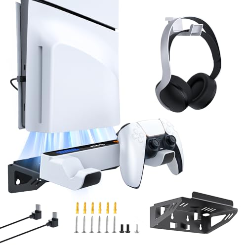 NexiGo PS5 All Versions Wall Mount Kit with Charging Station for PS5PS5 SlimPS5 Pro Consoles Regular and DualSense_Edge Controllers Stable Metal Wall Hanging Stand with LED Indicator - Image 1