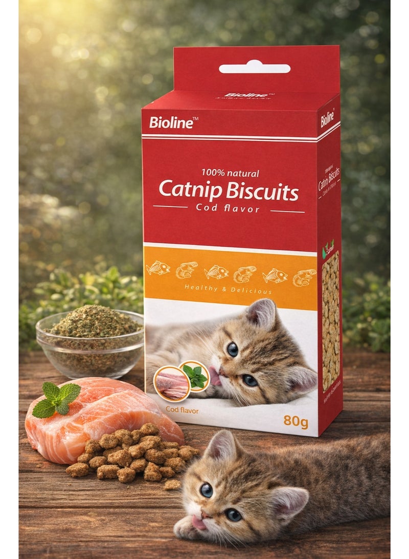 100% Natural Catnip Biscuits Cod Flavor 80g – Healthy Dental Crunchy Treats for Cats and Kittens, Grain-Free Training Snacks, Rich in Protein and Fiber