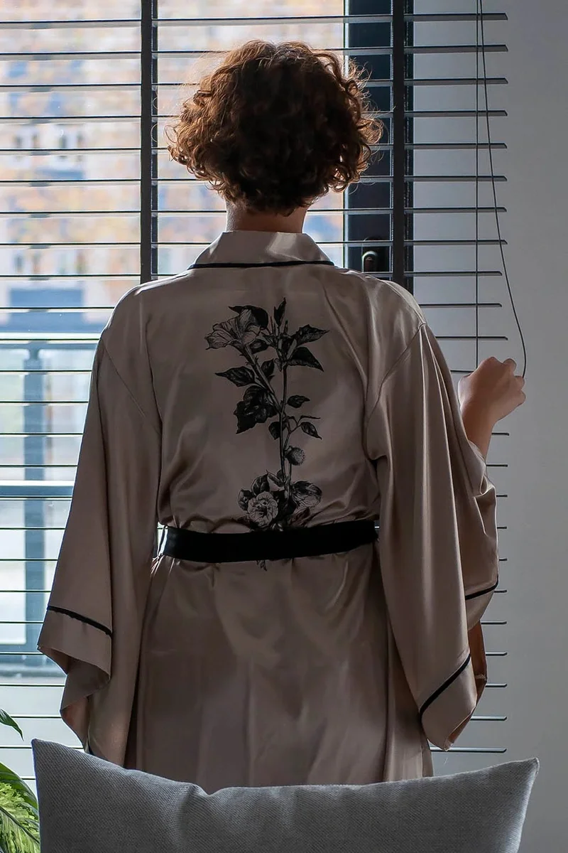 Mita Concept Café au Lait Satin Batwing-Sleeve Kimono