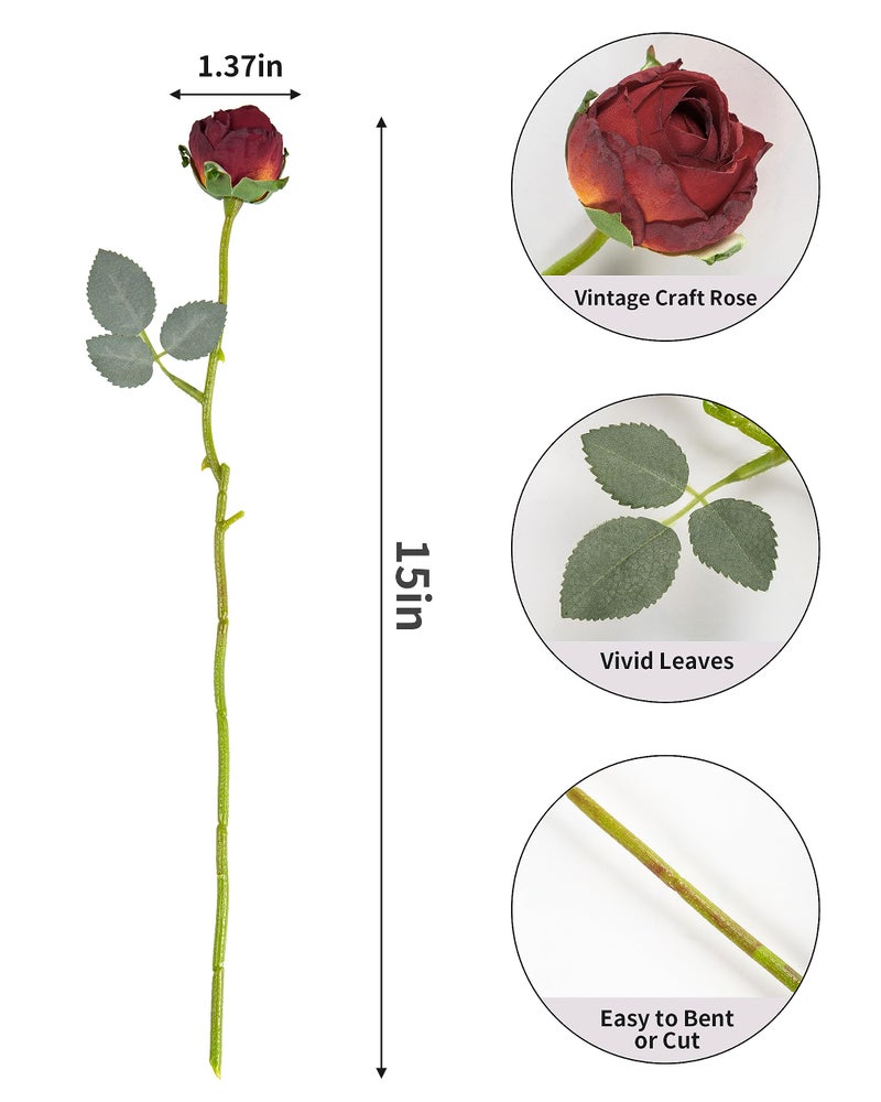 DuHouse 24pcs Artificial Vintage Roses Fake Mini Silk Rose Flowers with Long Stem for DIY Bouquets Wedding Centerpiece Party Home Kitchen Decoration(Fall Red) - Image 2