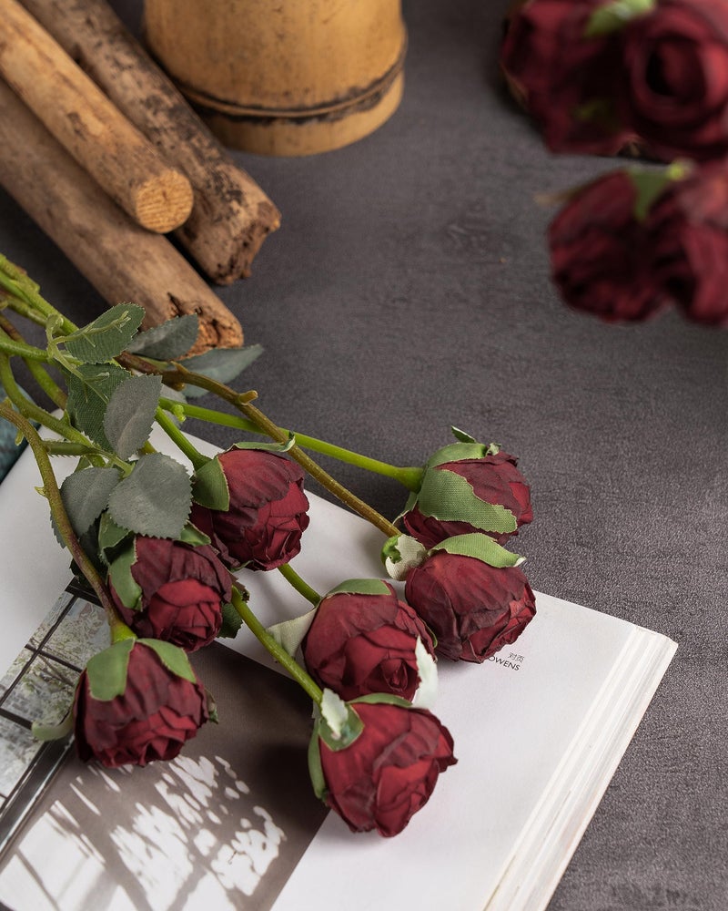 DuHouse 24pcs Artificial Vintage Roses Fake Mini Silk Rose Flowers with Long Stem for DIY Bouquets Wedding Centerpiece Party Home Kitchen Decoration(Fall Red) - Image 3