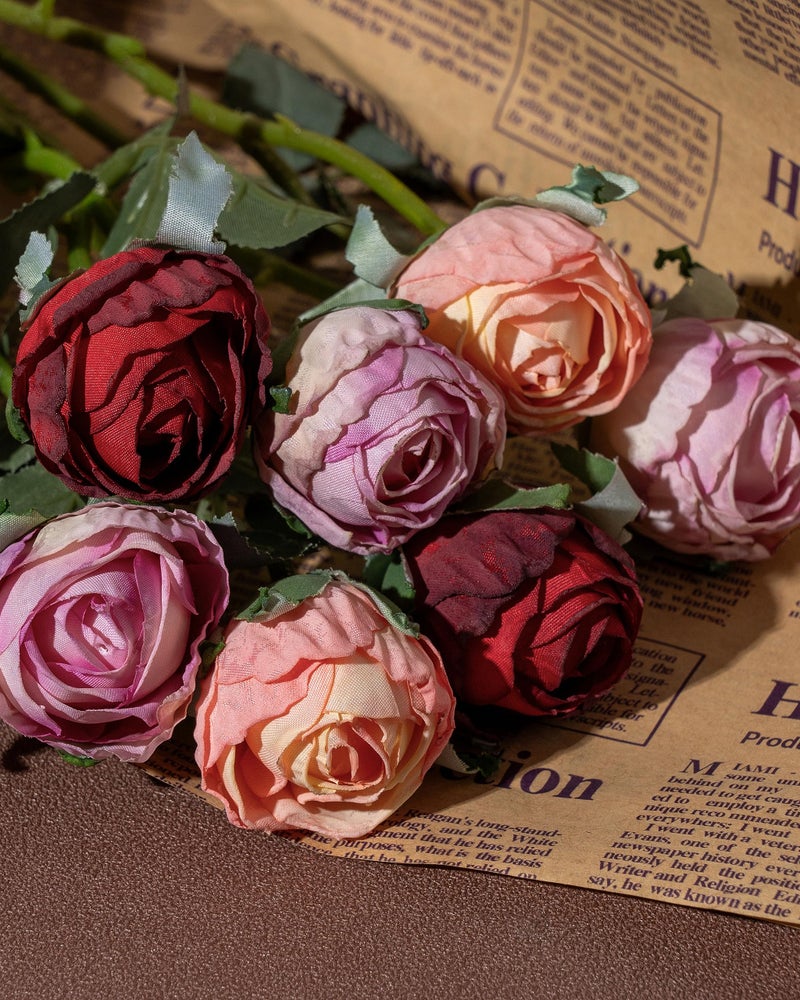 DuHouse 24pcs Artificial Vintage Roses Fake Mini Silk Rose Flowers with Long Stem for DIY Bouquets Wedding Centerpiece Party Home Kitchen Decoration(Fall Red) - Image 4