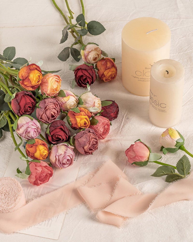 DuHouse 24pcs Artificial Vintage Roses Fake Mini Silk Rose Flowers with Long Stem for DIY Bouquets Wedding Centerpiece Party Home Kitchen Decoration(Fall Red) - Image 5