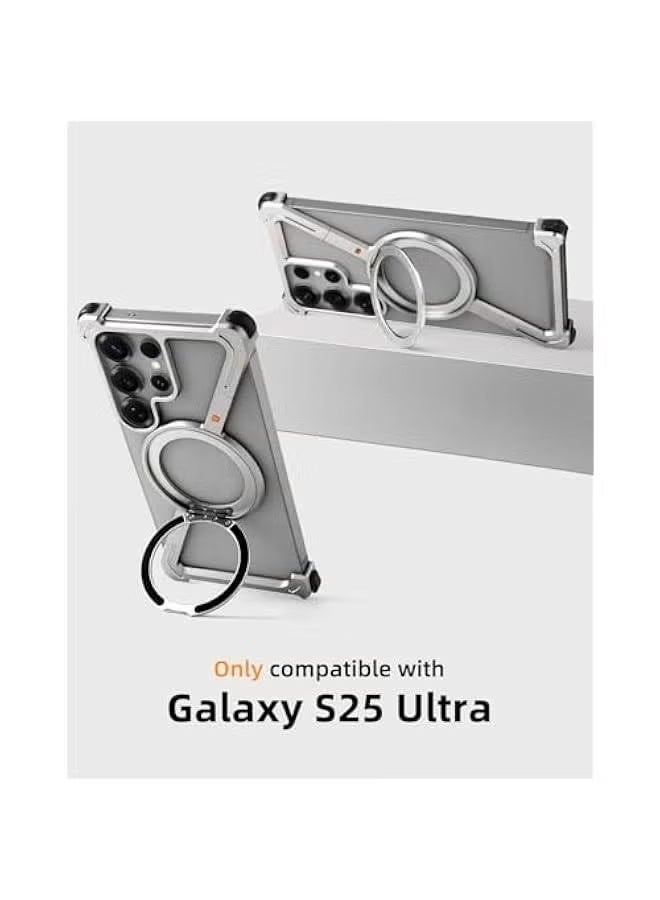 Oatsbasf S25 Silver Phone Case Compatible with Samsung Galaxy S25 Ultra, 360° Rotation Kickstand Aluminum Metal Frameless Design Bumper Case - Image 2