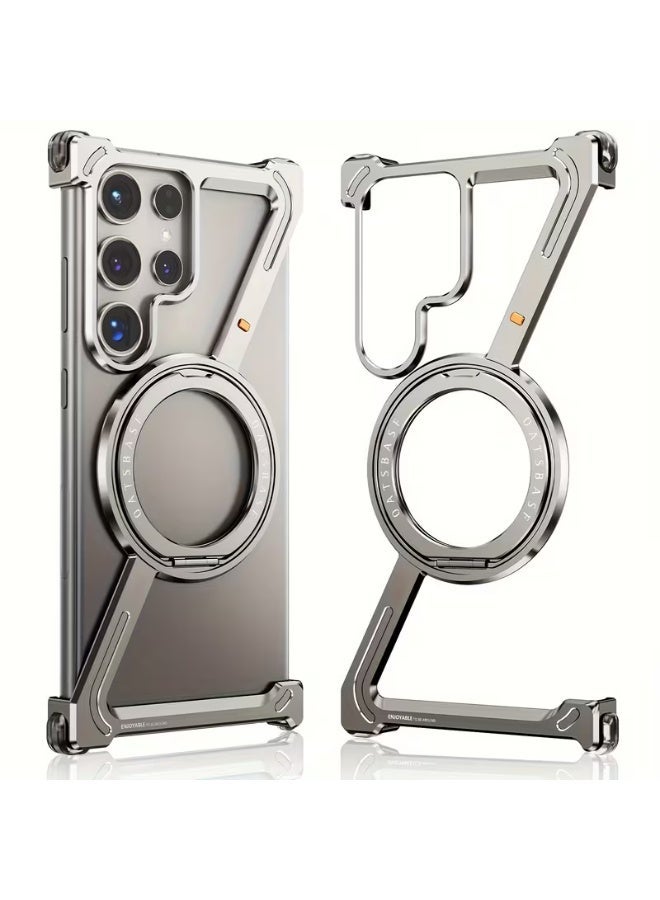 Oatsbasf S25 Silver Phone Case Compatible with Samsung Galaxy S25 Ultra, 360° Rotation Kickstand Aluminum Metal Frameless Design Bumper Case - Image 1