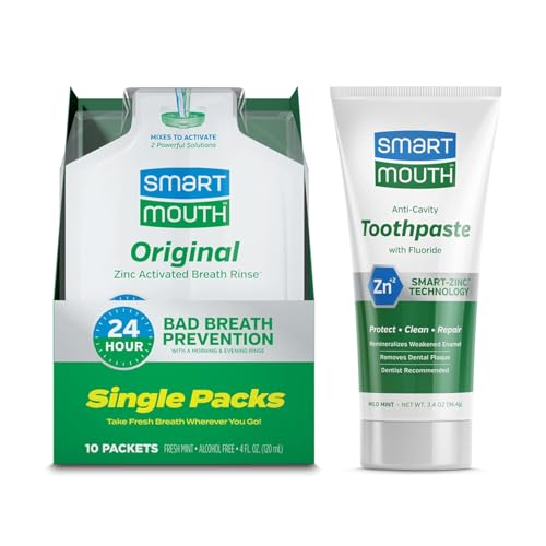 SmartMouth Original Zinc Activated Mouthwash Single Packs & Premium Anti-Cavity + Zinc Toothpaste - Travel-Size Oral Care Set - Eliminates Bad Breath - Alcohol-Free - 3.4 oz Toothpaste, 10 Packets - Image 1