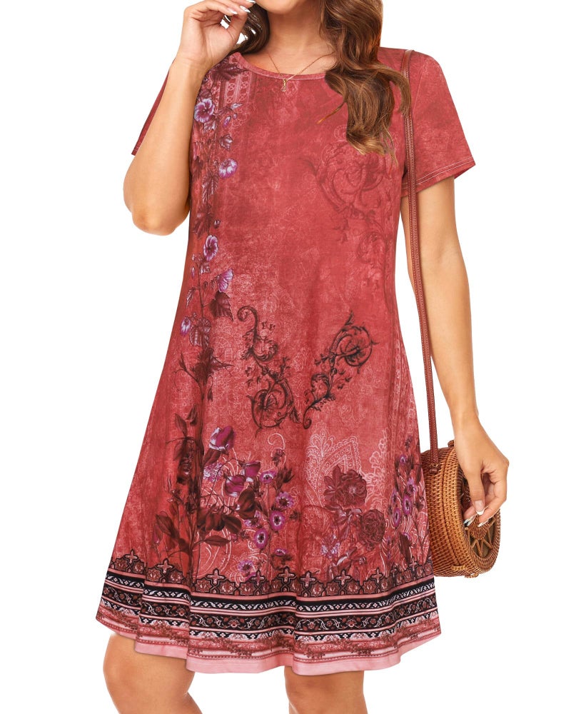 elescat Women Summer Dresses Short Sleeve Casual Beach T Shirt Loose Swing Sun Dress with Pockets (Red Boho, L) - Image 3