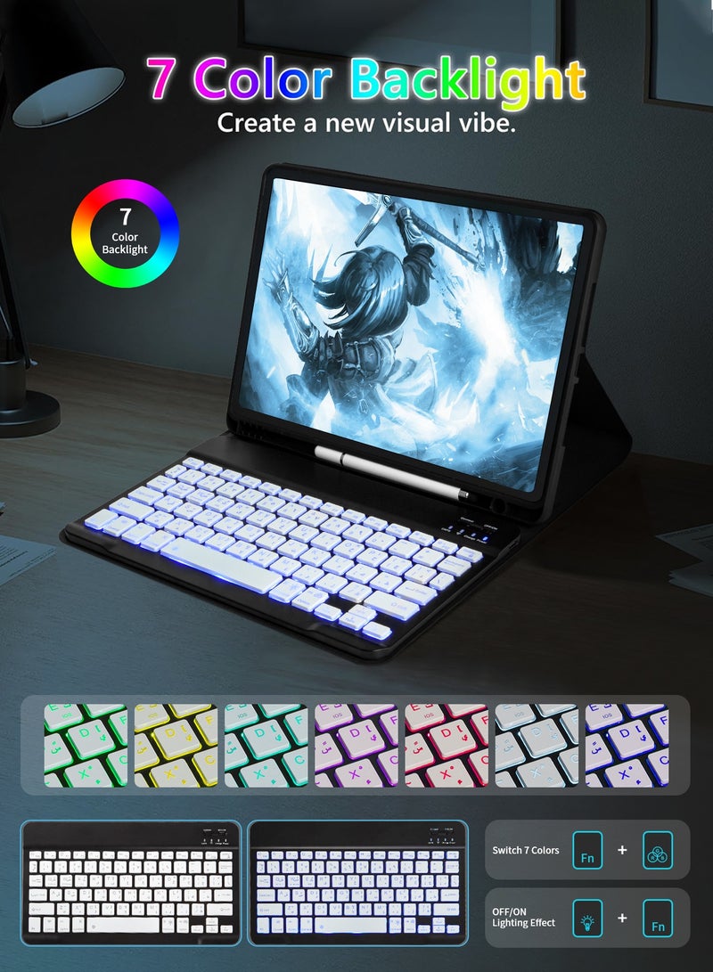 UCHUANG Keyboard Case for iPad 9th/8th/7th Gen 10.2 inch/iPad Air 3/iPad Pro 10.5 inch - 7 Color Backlit Detachable for iPad Case with Keyboard + iPad Stand + Office Mouse + Stylus，Cover with Pencil Holder - Black - Image 4