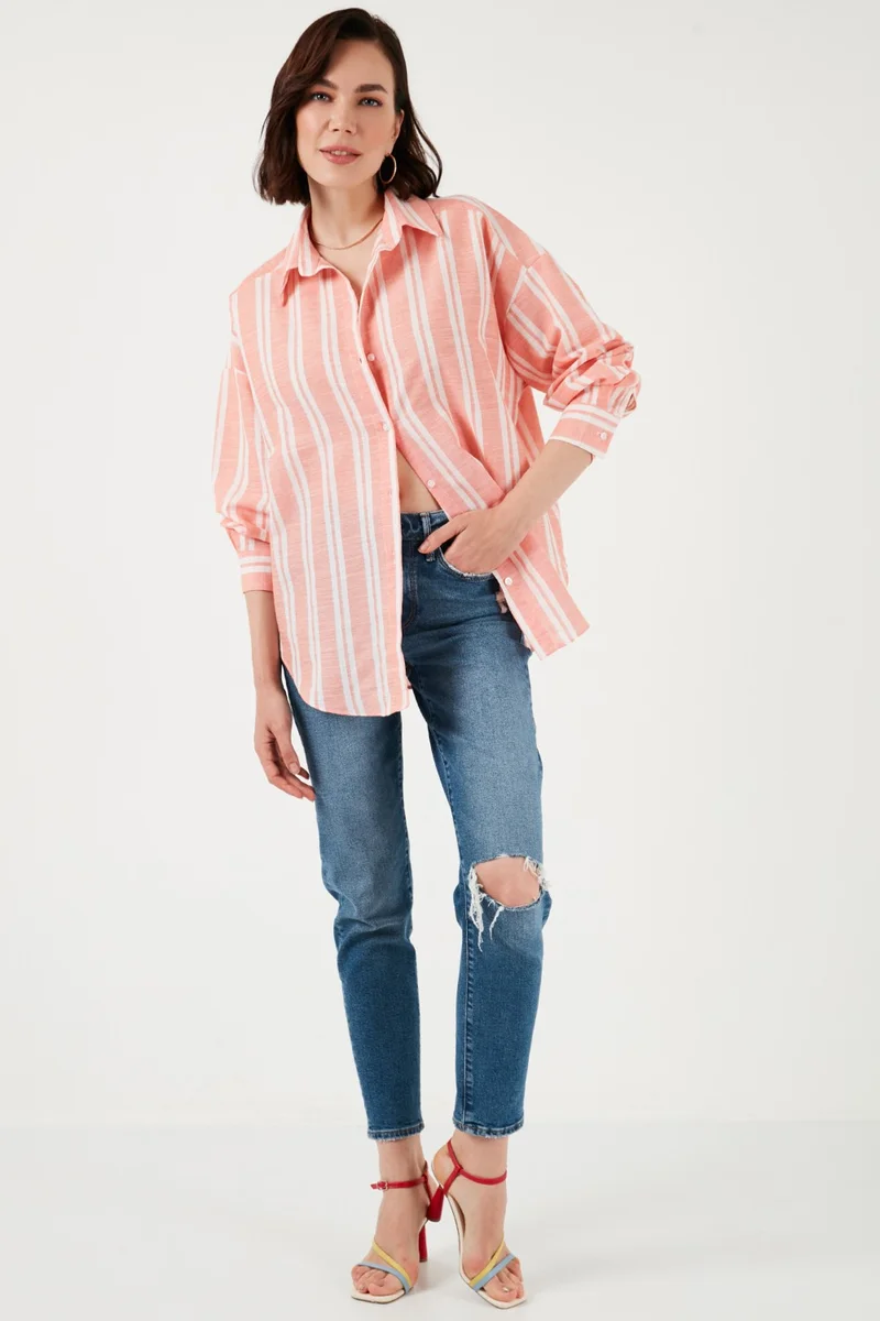 ليلا Striped Linen Blend Oversize Shirt Women's Shirt 669202512S4