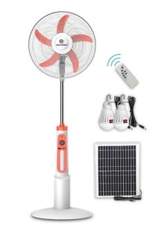 5-blade solar powered vertical fan with a remote control a solar panel and 2 led lights equipped with a giant internal battery and a usb port for charging the phone and various devices
