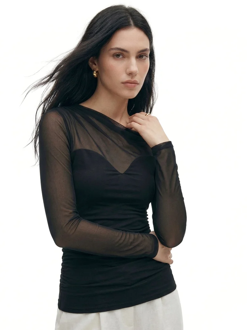 أوجيدر Black Full Sleeve Mesh Detail Top