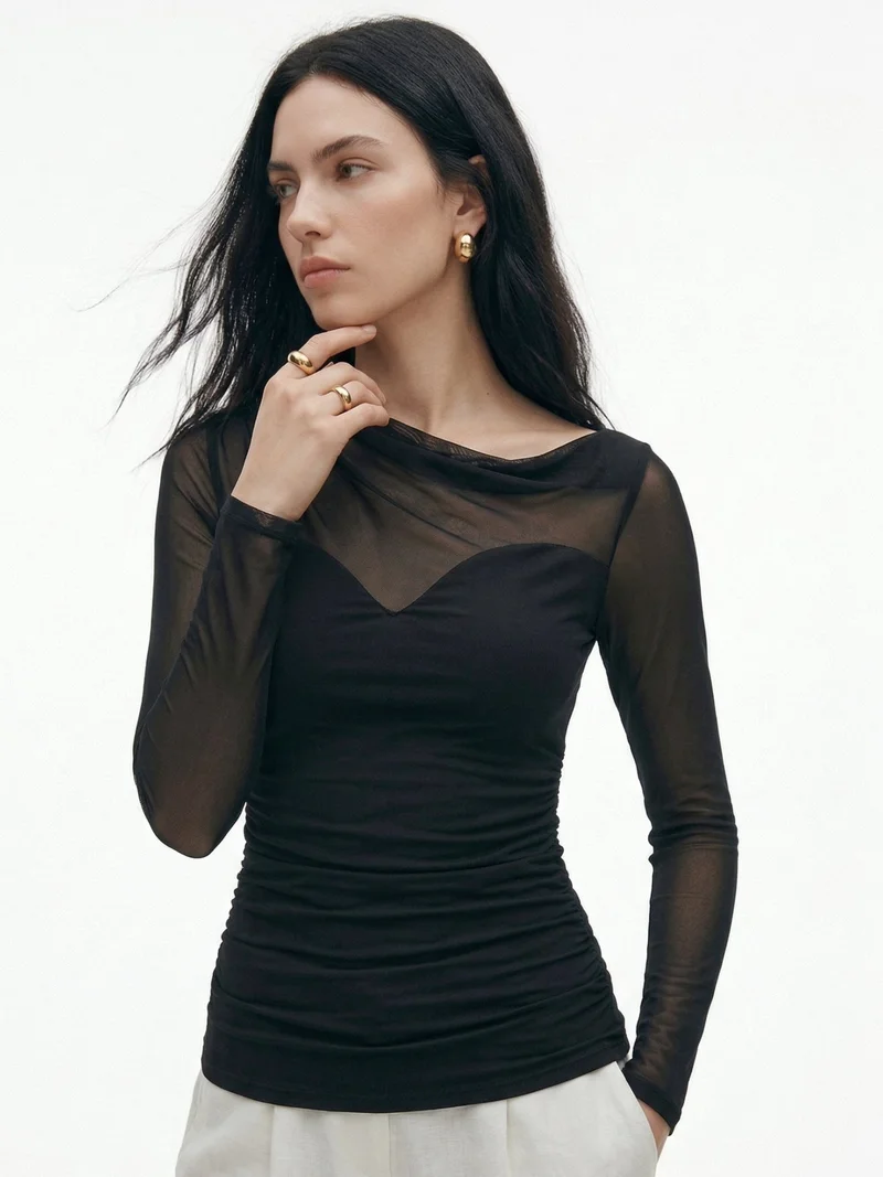 Outzidr  Black Full Sleeve Mesh Detail Top for Women | Best Price UAE