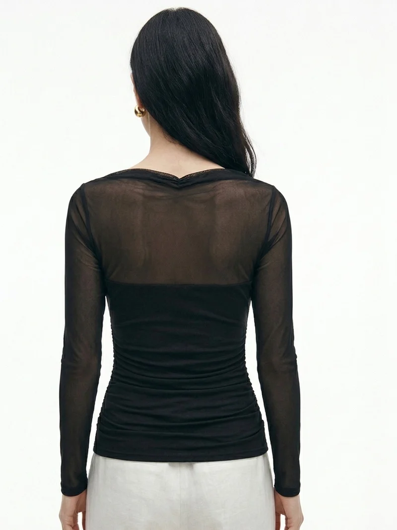 Outzidr  Black Full Sleeve Mesh Detail Top for Women | Best Price UAE